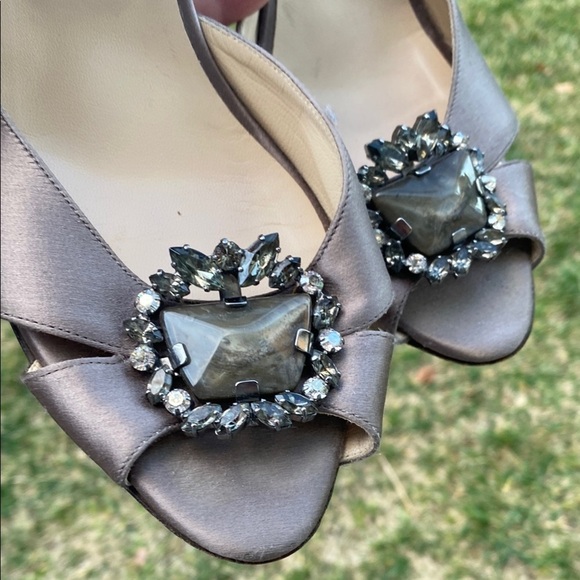 Jimmy Choo Satin Gemstone Open Toe Heels Pewter Champagne size 10, heel 4 1/2 - Picture 4 of 16